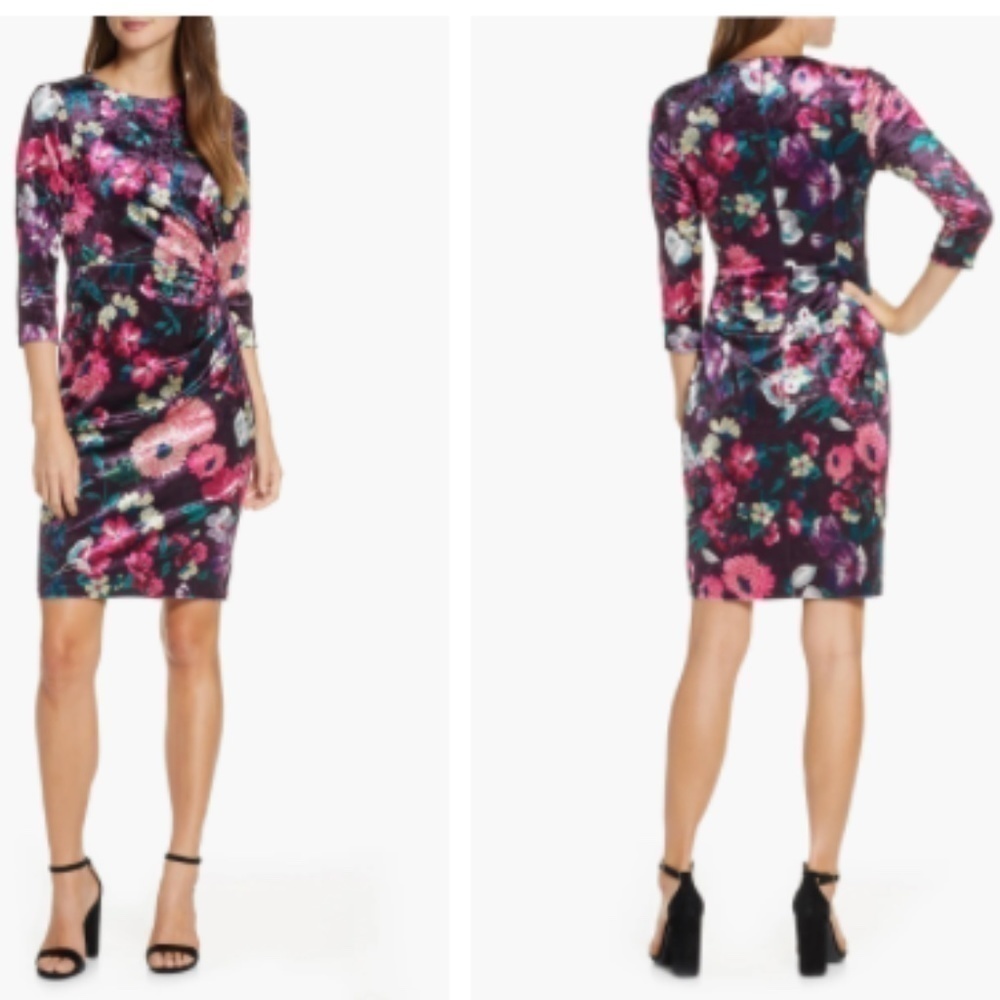 NWT Eliza J Floral Ruched Waist Velvet Dress In Plum size 8